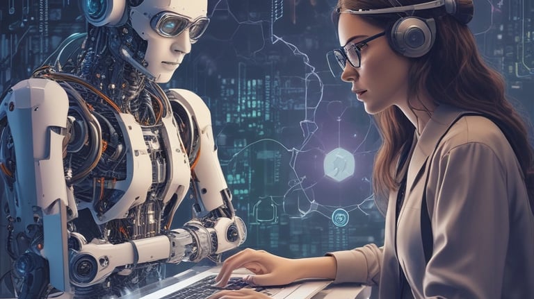 A computer screen displaying a webpage about ChatGPT, focusing on optimizing language models for dialogue. The webpage has text describing the model and includes the OpenAI logo. The background is green with some purple graphical elements on the side.