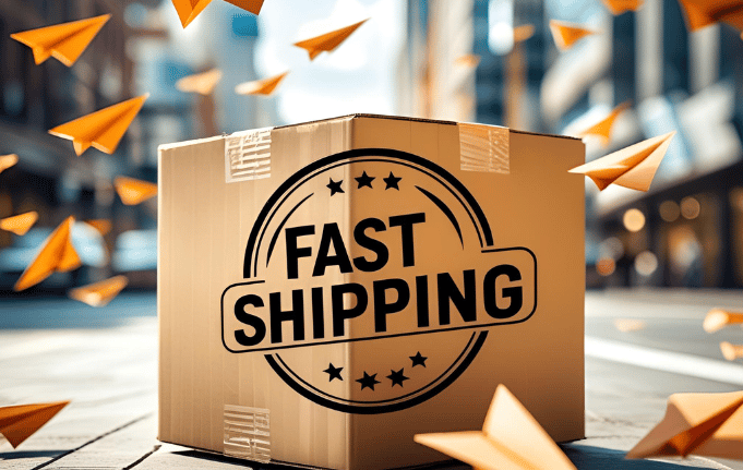 Cardboard box with FAST SHIPPING on the side waiting to be shipped.