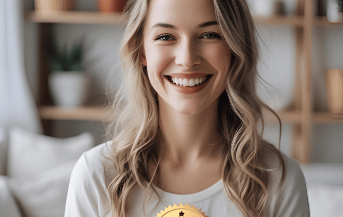 100% Happiness Guarantee Sticker being held by a woman.