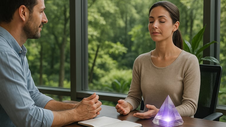 Homem conduzindo uma mulher numa meditação guiada ao lado de uma pirâmide de cristal