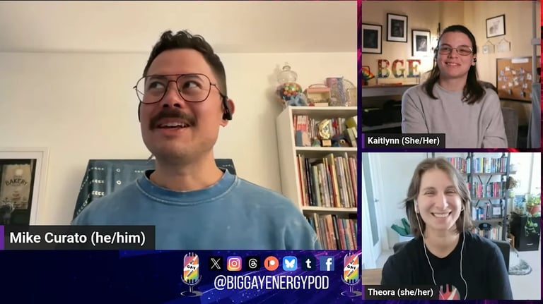 Mike Curato with Kaitlynn and Theora from Big Gay Energy Podcast