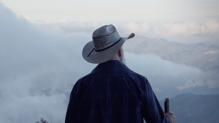 Un hombre con sombrero en una montaña