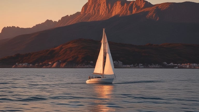 a sailboat sailing on the water at sunset bareboat