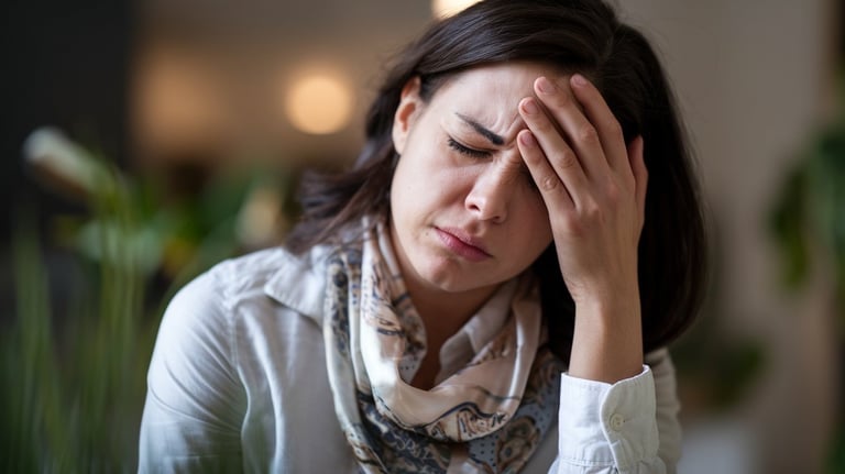 Femme maux de tête, migraine, stress, fatigue émotionnelle
