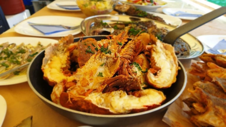 lunch on boat, traditional greek food,
