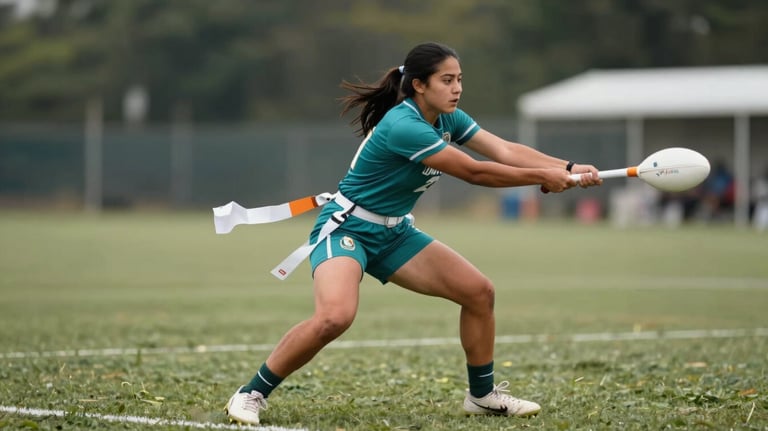 Action shot of a female player pulling a flag, intense focus, North American / Mexican athlete, teal uniform, outdoor field.