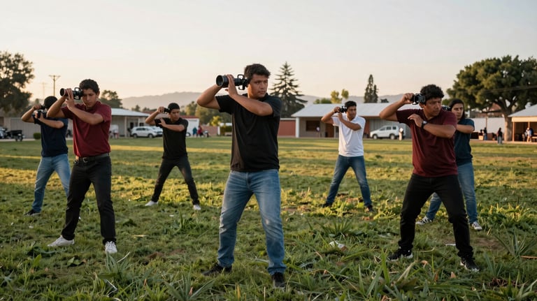 Photography of a group of new players learning techniques on a grassy field in Guanajuato, soft morning light, North American / Mexican community vibe.