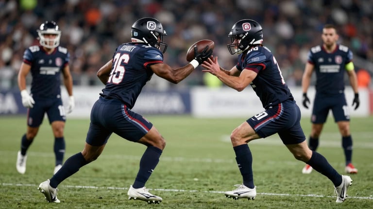 Action shot of an interception during a first division game, dark navy jerseys, sharp focus, North American / Mexican sports context.