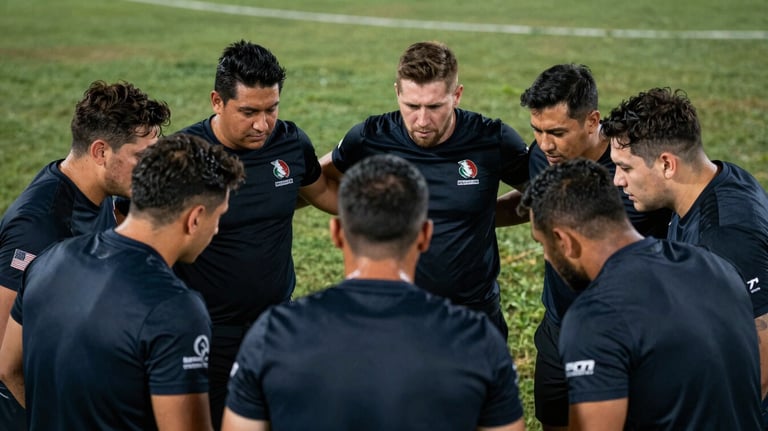 Photography of a tactical huddle during a game, players in dark navy jerseys, focused atmosphere, North American / Mexican region.