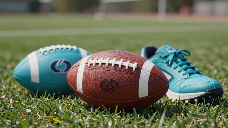 Close-up of flag football equipment, flags and a football on green grass, light blue and teal colors visible, North American / Mexican park.