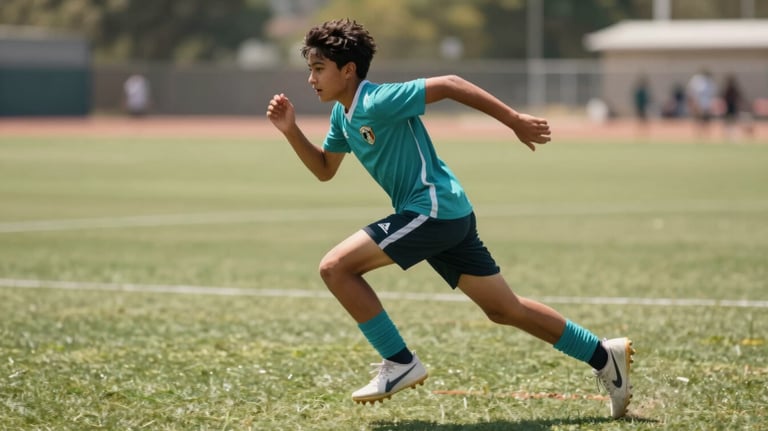 Dynamic photography of a youth player sprinting down the field, North American / Mexican setting, bright daylight, teal and light blue accents in the gear.