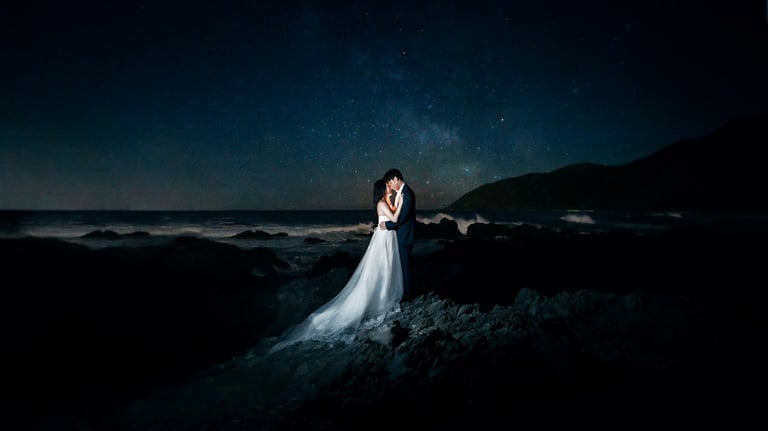 a bride and groom standing on a rocky beach under a starry sky