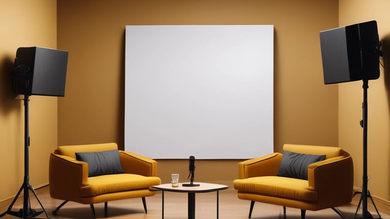 A podcast or recording setup featuring, a microphone on a stand, a blue coffee mug, and a black bottle. The backdrop is lined with acoustic foam for sound insulation, and there is a large light diffuser on a stand.
