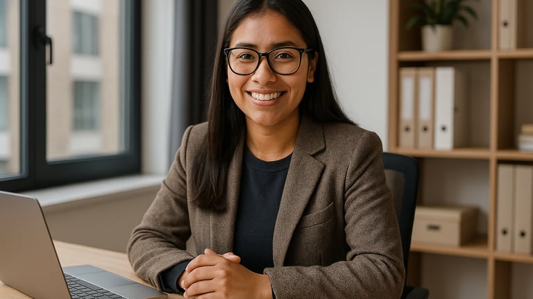 a woman in glasses and a suit jacket sitting at a desk