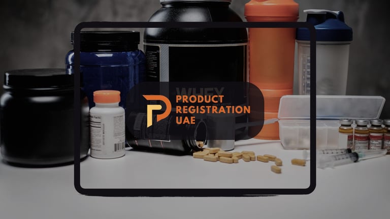 Health supplement business registration UAE with compliant supplement containers & tablets with Product Registration Uae logo