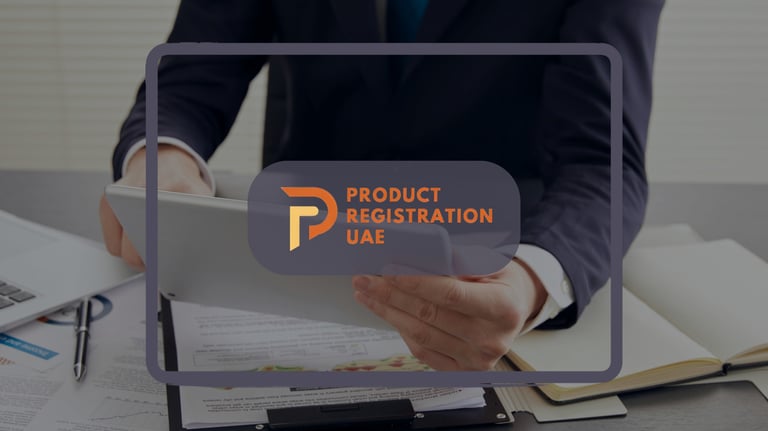 Business professional reviewing UAE product registration documents on tablet, with Product Registration UAE overlay.