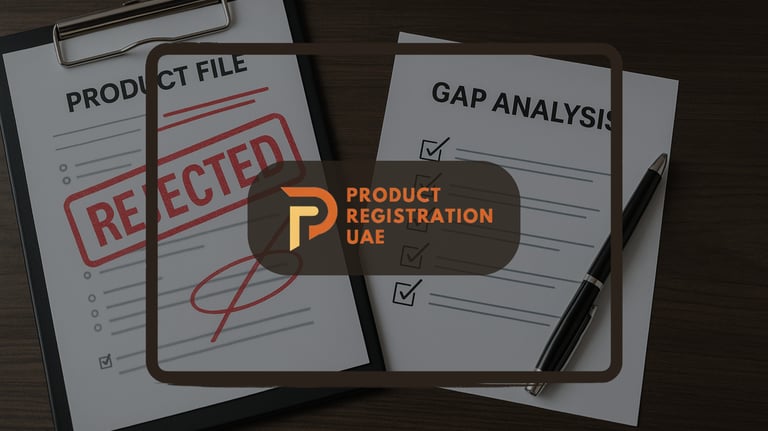 Rejected product file and gap analysis checklist side by side, with Product Registration UAE logo overlay.