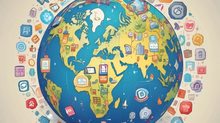 A central 3D stylized letter 'T' with a blend of purple and blue hues is surrounded by icons of popular social media and digital platforms, such as Twitter, Discord, Reddit, and GitHub, each enclosed in a blue circle.