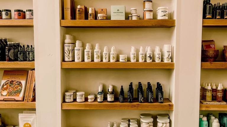 Natural skincare products and organic beauty supplies neatly displayed on wooden shelves in a boutique store.