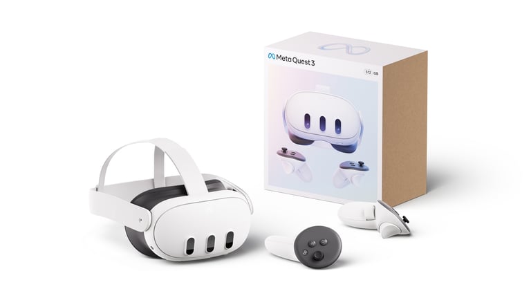 White Meta Quest 3 VR headset with Touch Plus controllers and original retail packaging on a white background.
