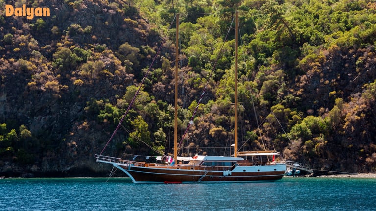 a boat with a sailboat in the water