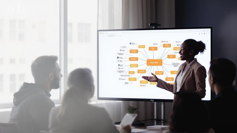 a woman in a business suit is standing in front of a large screen