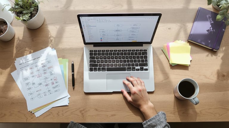 a person sitting at a desk with a laptop and a cup of coffee