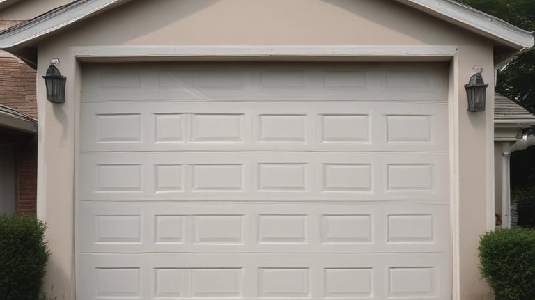 A closed white residential garage door installed on a home exterior, showing a completed garage door installation.