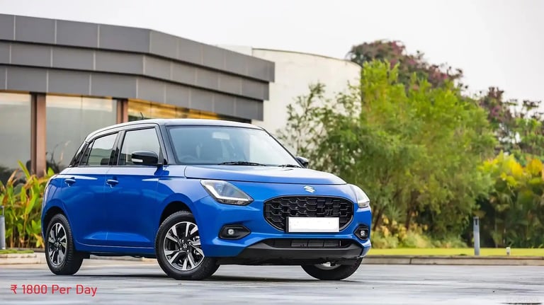 a blue swift car parked in front of a building
