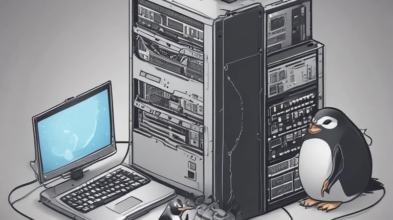 A close-up view of a network server or data center with numerous cables and connections. Orange cables are neatly arranged in the foreground, while various ports and connectors are visible in the background.