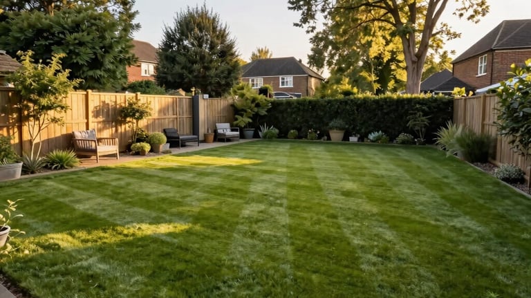 A beautifully landscaped London garden with a professional gardener finishing a stone path, lush greenery, warm afternoon sun, high quality.