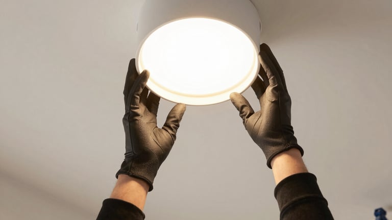An electrician in a professional work polo shirt installing a smart home lighting system in a sleek London flat, gold and slate grey tones, British / Londoner.