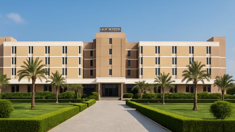 a large building with a long walkway and a walkway leading to a building | Nour Nagy Designs