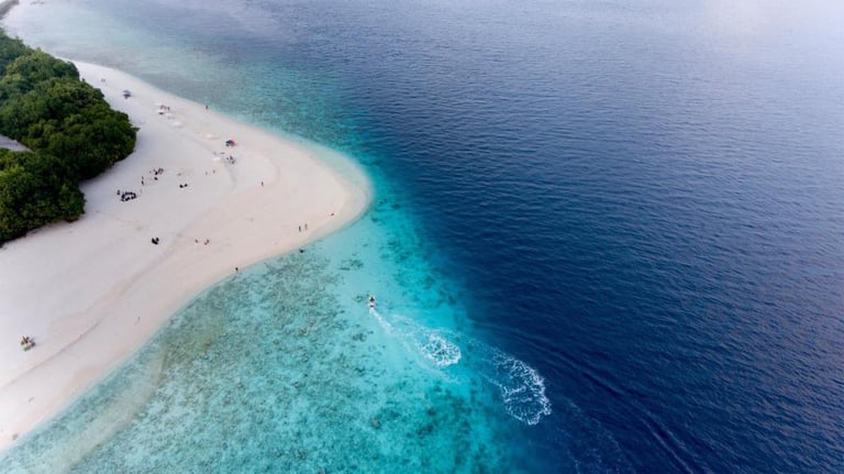 a beach with a sandy beach and a white sand beach