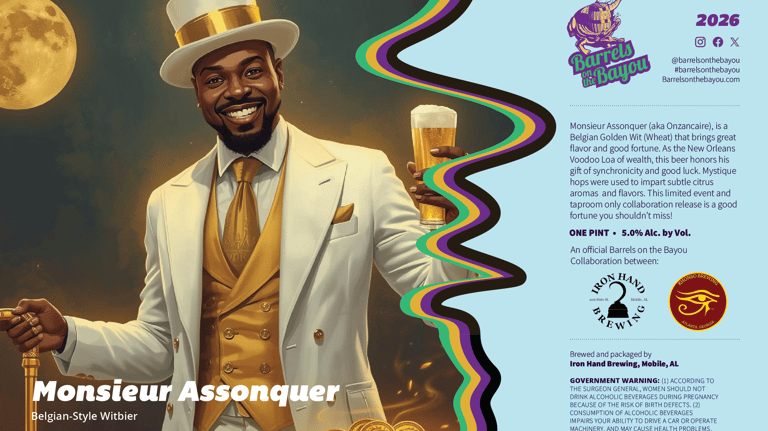 Monsieur Assonquer beer label featuring a man in a white tuxedo and top hat holding a glass of beer 