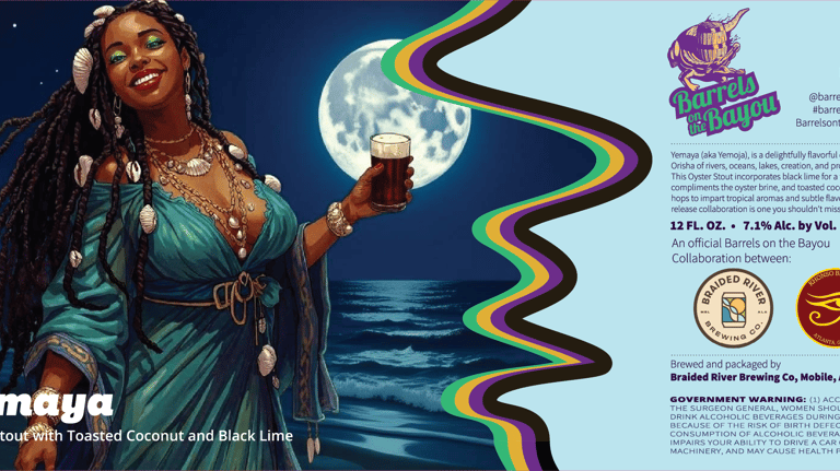 Yemaya Oyster Stout label featuring a goddess with braids holding a beer against a full moon and ocean background.