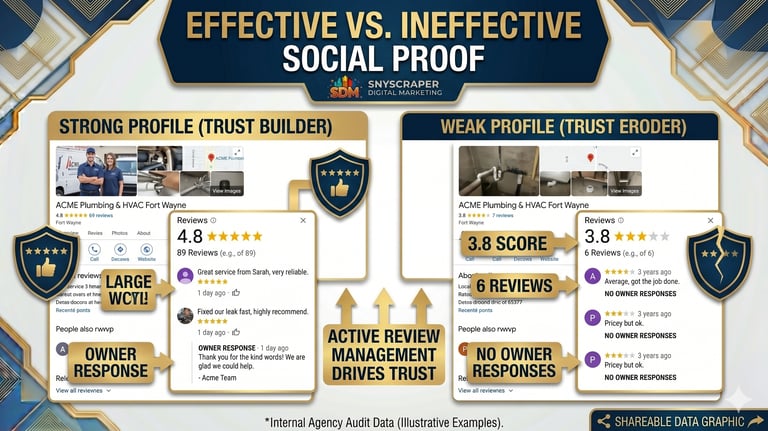 "Google Business Profile review comparison showing strong vs weak social proof for local service bus