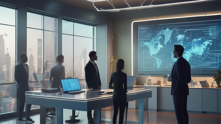 A futuristic and digital-themed image features a stylized circuit board with the words 'Open AI' in bold, glowing letters. Above it is a design that resembles an AI or robot face with neon accents. The background consists of a network of interconnected blue lines and nodes, suggesting themes of technology and connectivity.