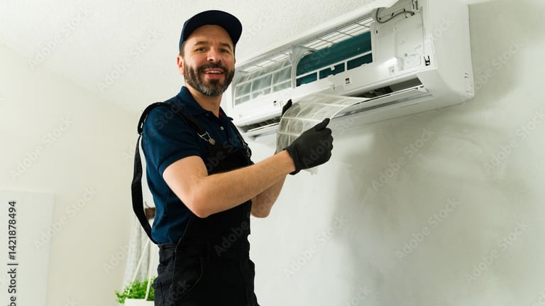um homem fazendo um serviço de manutenção em um ar condicionado