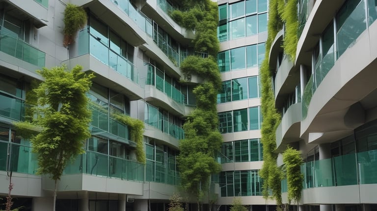 A modern, dark-colored, modular home situated in a lush forest environment. Large windows allow warm interior light to spill out, contrasting with the natural greenery surrounding the structure. The building has a sleek, geometric design, with a sloping roof and a wooden deck that extends from its side.