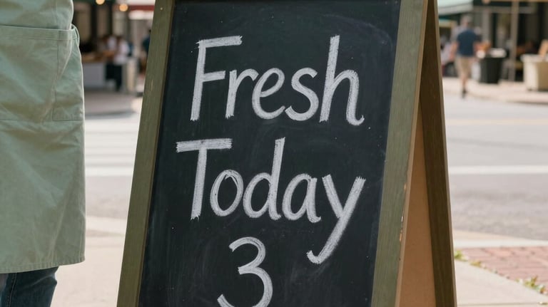 Photography of a person in a market apron setting up a chalkboard sign that reads 'Fresh Today'. The lighting is crisp morning light in an urban town square in Ohio, featuring sage green and dark olive tones.