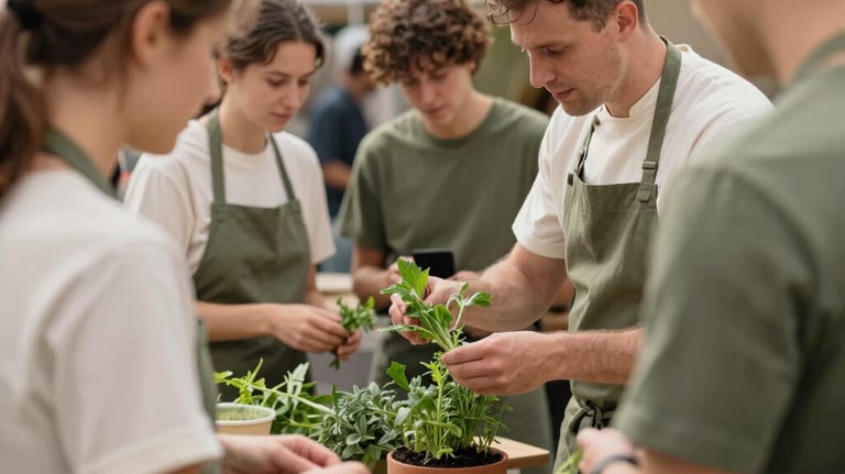 Photography of a group of people participating in an outdoor cooking demonstration at a farmers market. A chef is showing how to use fresh herbs. The atmosphere is educational and friendly, with earthy olive green and light cream tones.