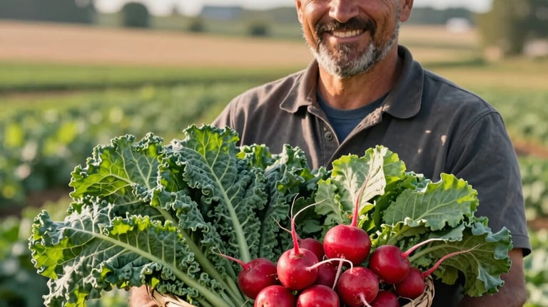 A vibrant photograph of a local Ohio farmer smiling while holding a large basket of freshly harvested green kale and bright red radishes. The background shows a soft-focus view of a sunlit farm field in the Midwestern countryside.