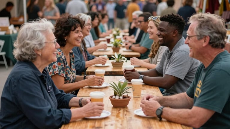 A photography shot of a group of diverse neighbors laughing and talking at a long wooden communal table during a market event. In the background, there are string lights and market stalls. The style is warm, authentic, and Midwestern.