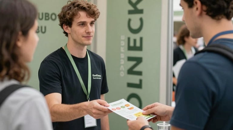 A photography shot of an information booth at a market, decorated with sage green banners. A volunteer is handing a pamphlet about nutrition to a visitor. The lighting is bright and inviting, reflecting a modern community spirit.
