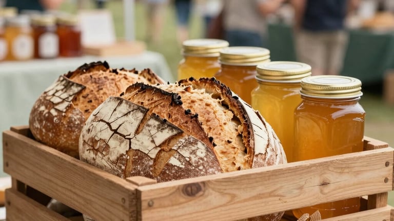 Photography of a rustic wooden crate filled with artisanal sourdough bread and jars of golden local honey. The setting is a bright, outdoors Midwestern market stall with soft-focus background of shoppers, using a warm cream and sage green color palette.