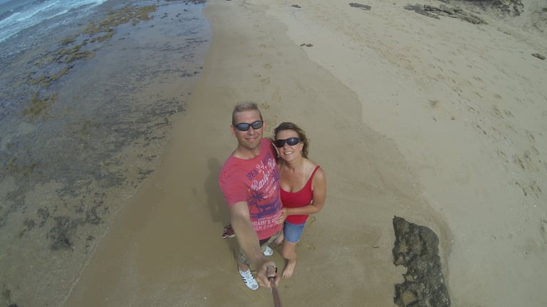 Tracey and Nick Billington at tofo Beach, Praia do Tofo, Mozambique