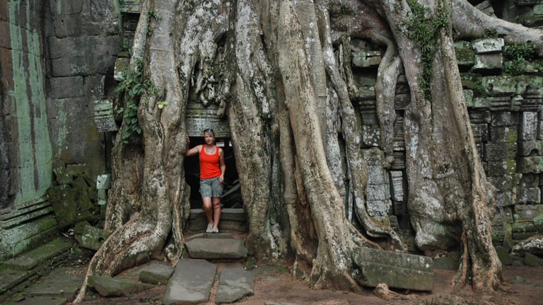 Tracey Billington at Ta Prohm, the Tomb Raider Temple, Angkor Wat, Siem Reap, Cambodia