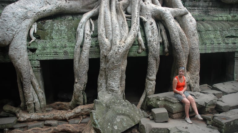 Tracey Billington at Ta Prohm, the Tomb Raider Temple, Angkor Wat, Siem Reap, Cambodia