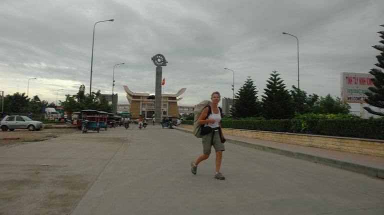 Tracey Billington near the Bavet Boarder crossing  in Cambodia